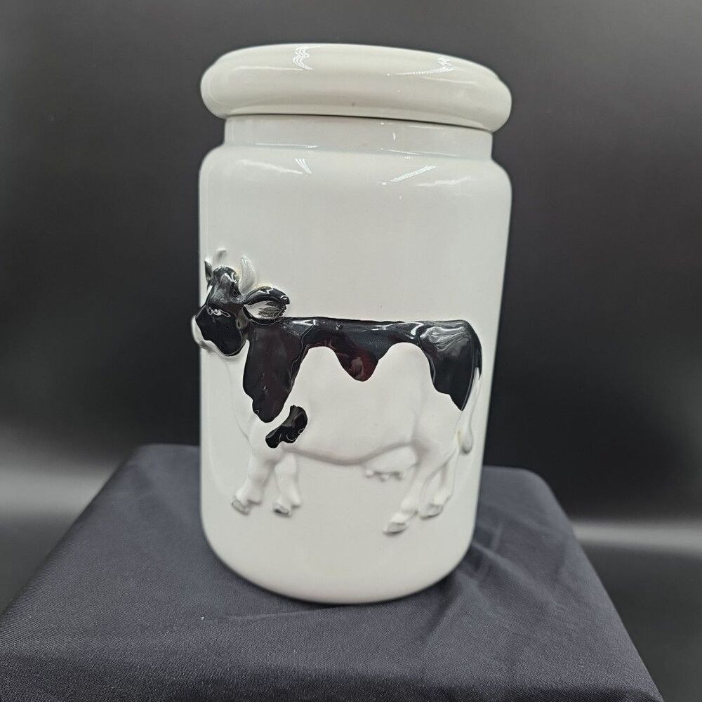 Otagiri Japan Cow Canister Jar Embossed 1980s Hand Painted 7"
